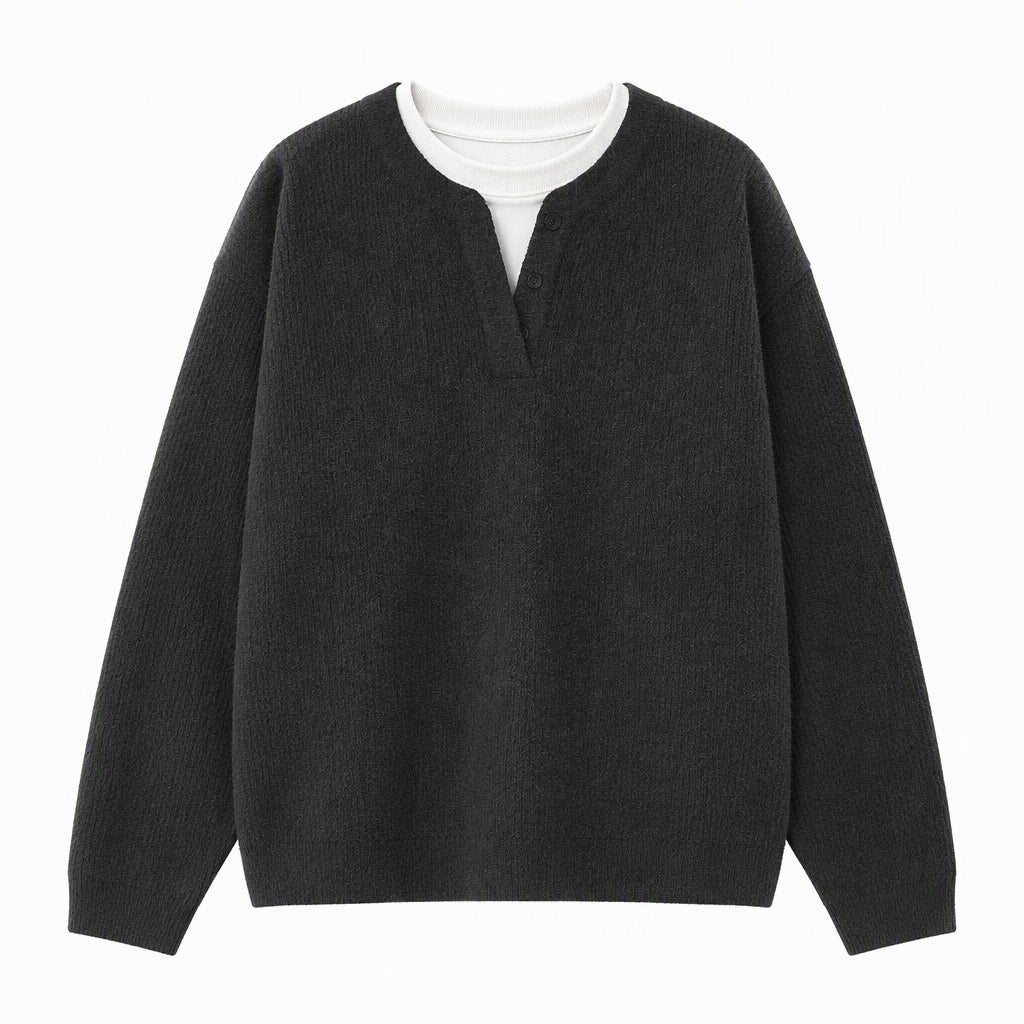 🧶 Effortless Layered Look, Relaxed Comfort | Men's Retro Henley Neck Mock Two Piece Sweater Relaxed Fit Long Sleeve Knit Pullover for Fall and Winter
