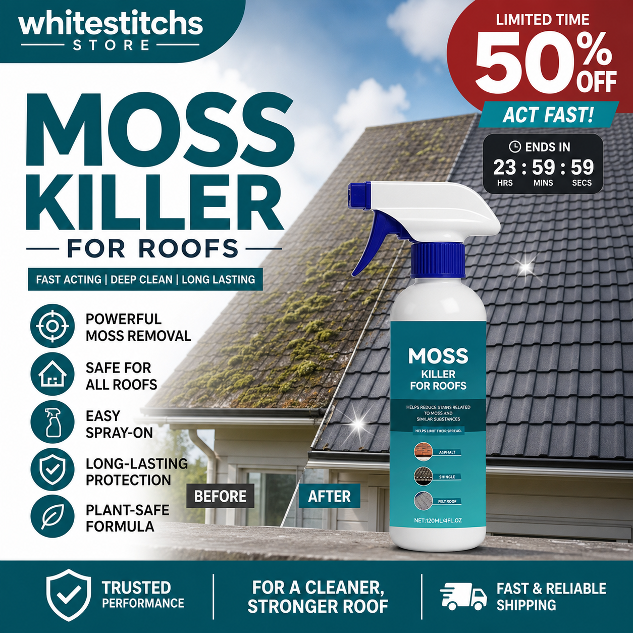 📢📢50% OFF !! ⏰Multi-Surface Roof Moss & Algae Cleaner Spray